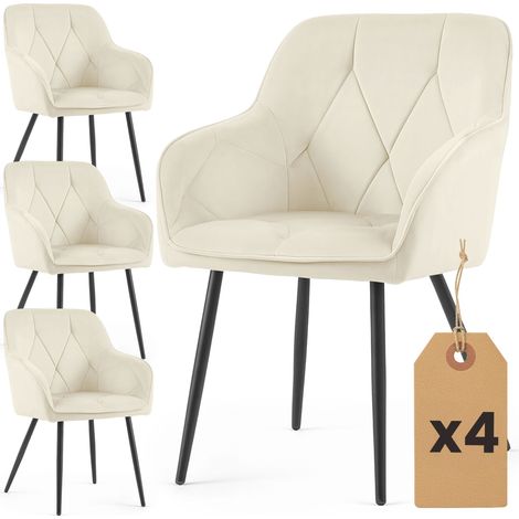 Lot de 4 Chaises en velours matelassées DIAMANTE Crème pieds noirs (1/5)
