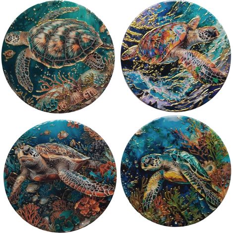 Set de 4 posavasos de cerámica tortuga marina turquesa 11 cm (1/3)