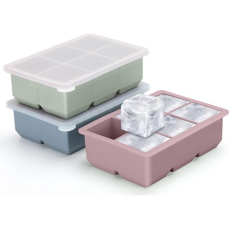 Lot de 3 grands bacs à glaçons avec couvercles, moules en silicone empilables et étanches pour cocktails et whisky