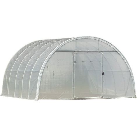 Serre tunnel Deschamps largeur 4 m pas à 2 m - Long 14 m, Film Plasticlair 200µ Cristal, Façade 1 porte dble et 1 façade pleine, F