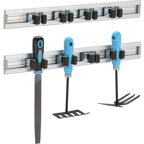 Porte-outils mural, lot de 2, accroche-balai, outils de jardin, rangement garage, pinces, aluminium, argenté (1/5)