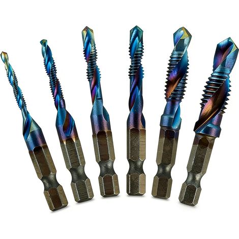 Jeu de tarauds combinés M3 M4 M5 M6 M8 M10 - Lot de 6 tarauds manuels hélicoïdaux HSS avec port 6,35 mm - Pour visseuse sans fil et utilisation manuelle (1/5)