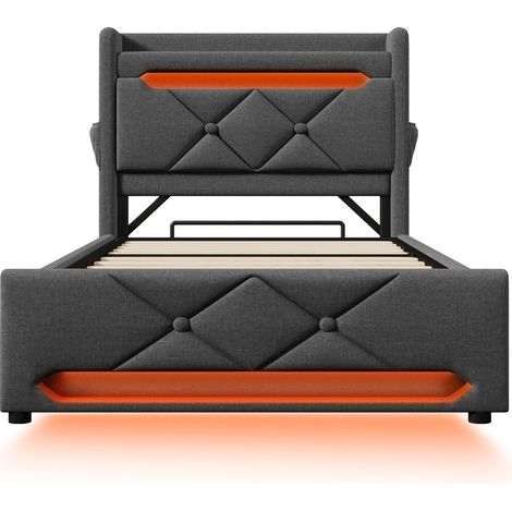 Lit coffre 1 place 90 x 200 cm gris en lin avec tête de lit USB Type C et LED 360° (1/5)