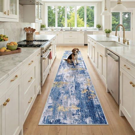 Tapis lavable RELEANY 60 x 270 cm, antidérapant, intérieur, moderne, abstrait, à poils courts, doux, pour salon, chambre, entrée, motif imprimé, gris, bleu, or/doré.8 (1/5)