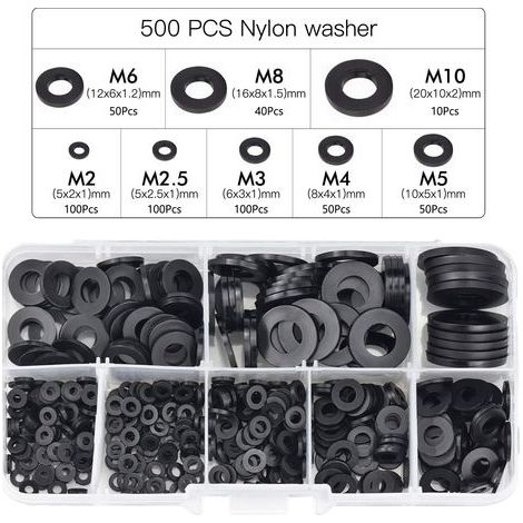 500 Pcs Rondelles Plastique Noir Rondelles À Verrouillage Fixations, Rondelle Autobloquante Assortiment Rondelle Mécanique M2.5 M3 M4 M5 M6 M8 M10 (1/5)