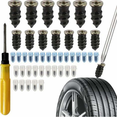 Outil du mécanicien, 30 Clous en Caoutchouc pour réparation de Pneu de Voiture et Moto,avec Tournevis, Clous en Caoutchouc de Pneu sous Vide, Clou Reparation Pneu Convient aux Voitures, Motos(15 S+15 (1/2)