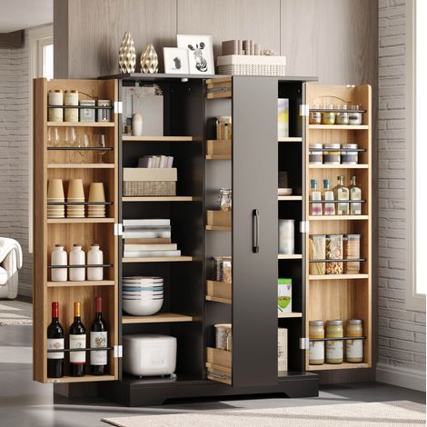 Mobile da cucina nero e legno, 2 ante, porta spezie, 78 x 35 x 120 cm HAVRYA (1/5)
