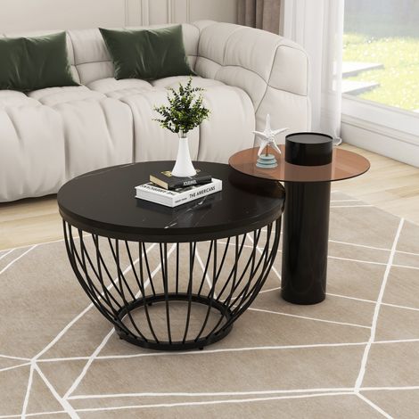 Lot de 2 tables tables d'appoint modernes - Nest-Design, Cadre en acier, MDF & aspect bois, 60/40 - Noir (1/5)