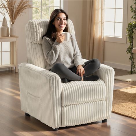 Sillón Relax Reclinable Manual Tapizado en Pana Instalación Rápida Reposapiés Acolchado Grueso Crema (1/5)