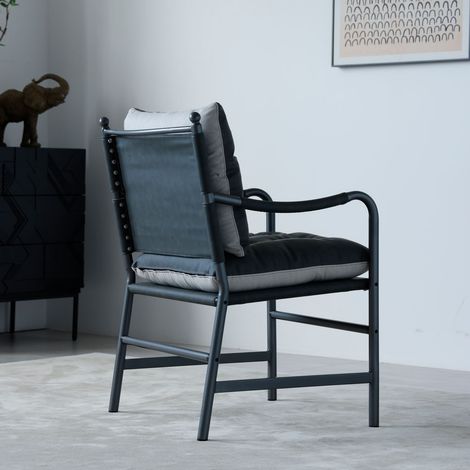 Chaise revêtement en cuir style Mid-Century moderne cadre métal noir fauteuil simple (1/5)