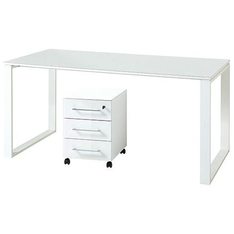 Büro Schreibtisch & Container Set in weiß MONTERO-01mit Glasfronten und Auflagen BxHxT ca. 160x75x80cm (1/5)