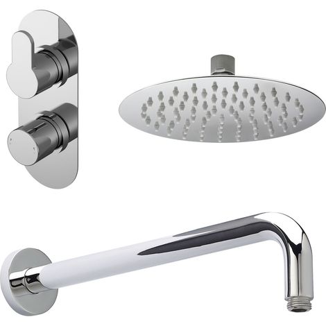 Nuie Arvan Thermostatic Twin Round Concealed Shower Valve with Fixed Head and Arm - Chrome