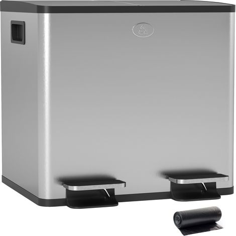 Boîte de cuisine en acier, 2 compartiments, en acier inoxydable, argenté, pour cuisine et couloir, 2 x 15L pédales