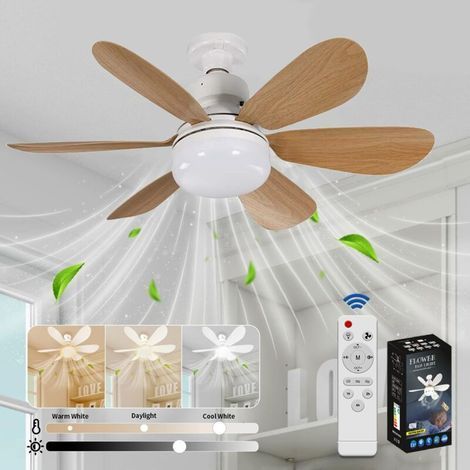 Ventilateur Plafond, Ventilateur Silencieux Plafond, 40W Lampe Ventilateur Plafond avec Douille E27, 6 Pales, 3 Vitesses, Silencieux, pour Salon, Chambre, Coucher (Grain de bois) [Classe énergétique A (1/5)