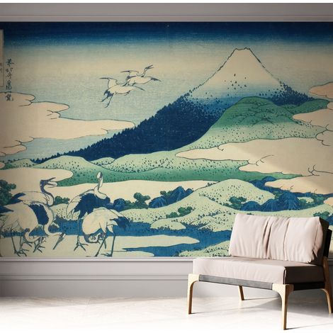 Tapete Selbstklebend - abwaschbar - Tapete mit Motiv - trendige Wanddeko - elegant Fototapete Kraniche und Berge 312x219 cm (1/5)