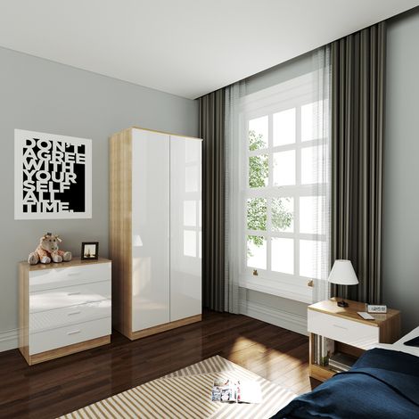 ELEGANT Wardrobe and Cabinet Furniture Set Bedroom 2 Doors Wardrobe and 4 Drawer Chest and Bedside Cabinet, High Gloss White/Oak (1/5)