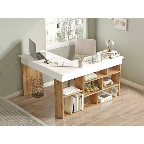 Dmora - Escritorio Dfavasul, Escritorio multiusos, Mesa de oficina para PC, El plan de trabajo, 129x120h72 cm, Roble y Blanco (1/5)