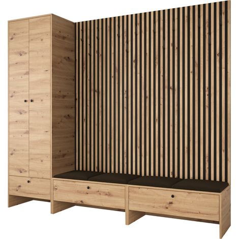 Mobilier1 – Meuble d'entrée Hartford – Chêne artisan + Manila – Dimensions 206x230x44cm – Tissu stratifié – Panneau mural souple