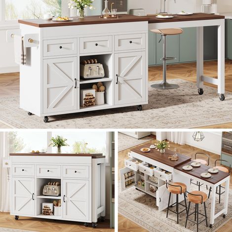 Îlot de cuisine avec rangements, table à manger/bar extensible (131,5-210 cm), pivotant à 360°, avec tiroirs et placards, plan de travail polyvalent pour cuisine, salle à manger et petits espaces, bla