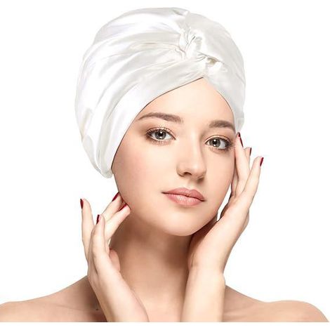 Bonnet de nuit en soie blanc pour femme, protection capillaire double couche, bandeau élastique anti-frisottis, coiffe de sommeil soyeuse 1 pièce (1/5)