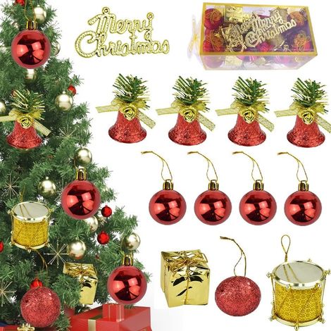 Lot de 32 Boules de Noël 5 Types Boules de Noël Ornements Boules de Noel Rouge et Or Boule de Noël en Plastique Boules pour Sapin de Noël avec Lanière pour Décorations d'arbre de Noël (1/5)