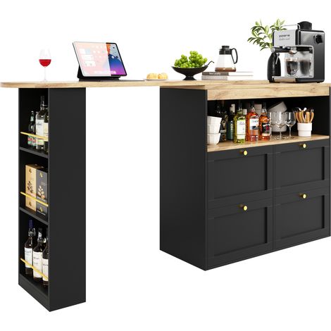 Meuble de rangement pivotant 4 tiroirs avec étagères ouvertes, module d’angle 360°, MDF noir, détails métal doré, pour bureau, salon et salle à manger - CHICFURN (1/5)