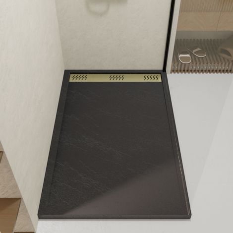 Piatto Doccia in acrilico Grigio Effetto Pietra 90x140x5 cm + Griglie Cromo e Oro Spazzolato