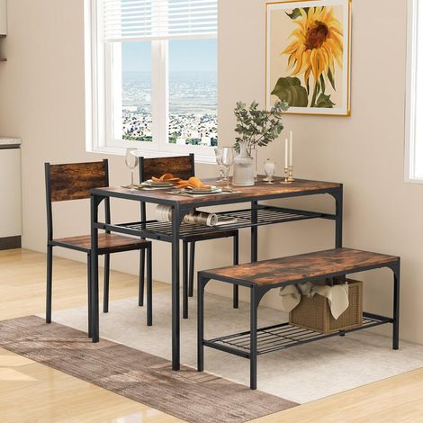 Gain de place table de cuisine rectangulaire avec banc et 2 chaises, étagères de rangement, style industriel (1/5)