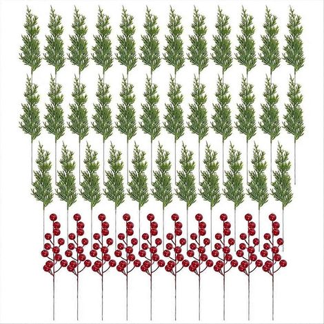 Branche de houx artificielle avec baies rouges, 45 pièces de décorations en pin, tiges de baies pour guirlandes de Noël, centre de table, sapin, artisanat, DIY, vert et rouge, 45cm (1/5)