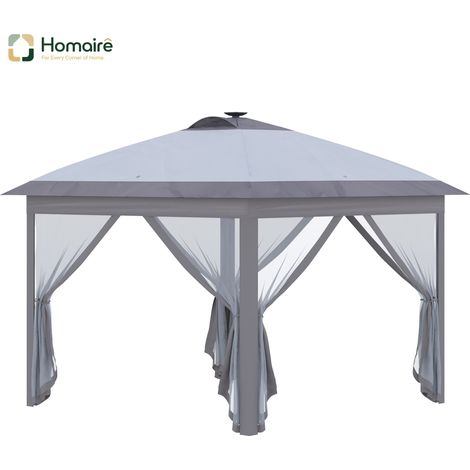 HOMAIRE Pavillon Faltbar 3,3x3,3m avec LED USB, Murs en Mailles, Protection Solaire, Tissu Oxford Gris pour Fêtes de Jardin