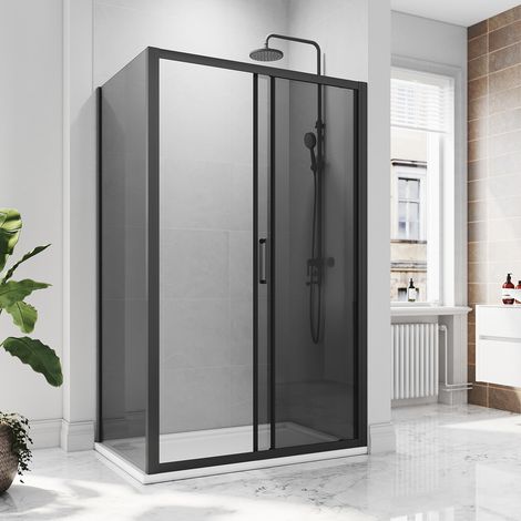 1200x800mm, 8mm NANO Grey Glass, Black Aluminium Frame, Sliding Shower Door Modern Bathroom with 800mm Side Panel, SMC Tray + Waste Trap