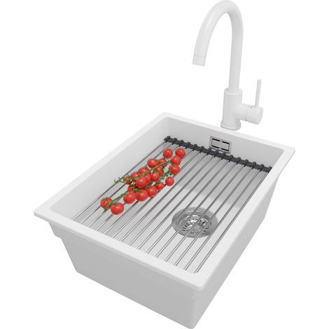 PRIMAGRAN Evier Cuisine en Granit 36x47cm, Lavabo 1 bac + Robinet 32x20cm + Kit de Vidage + Accessoire, Évier à Encastrer au meuble 40cm - Prague Slim, Blanc (1/5)