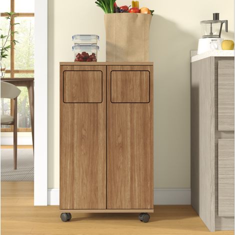 Meuble poubelle de tri roulant en MDF aspect chêne, 2 portes, 46,7 x 35 x 80,3 cm HAVRYA (1/5)