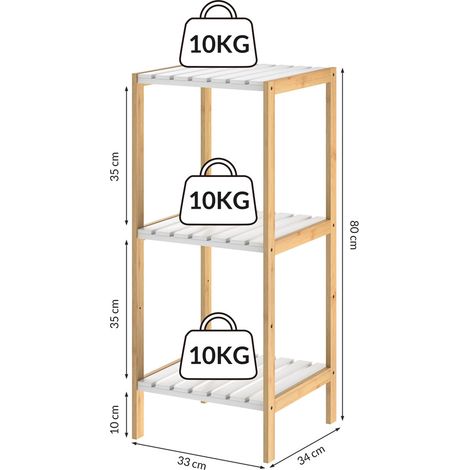 Bamboo shelf 3 tier 80x33x34cm white versatile storage (1/5)