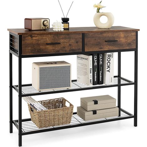 COSTWAY 100cm Konsolentisch mit 2 Schubladen, 3 Ebenen Flurtisch aus Holz, Beistelltisch mit Metallrahmen, mit Kippschutz Vintage (1/5)