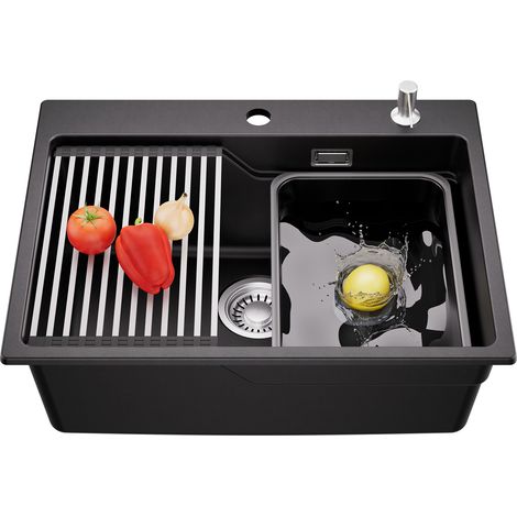 CECIPA MAX Granitspüle 60 x 46 cm Küchenspüle – Aufsatzspüle Küche mit Beckeneinsatz, Rollmatte & Seifenspender – Quarz-Spüle mit 2-Stufen-Becken, Siphon, Überlauf (1/5)