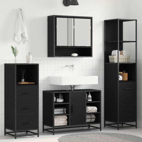 Badezimmermöbel-Set 3 pcs Schwarz Eichen-Optik Holzwerkstoff