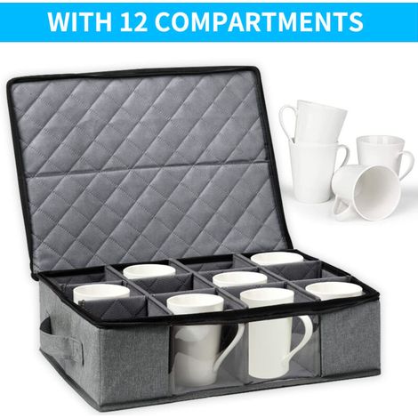 Porte-Tasses à Café avec Séparateur, Boîtes de Stockage avec Couvercle et Poignée, Boîte de Rangement Empilable, Café Porte Tasse pour 12 Tasses à Café, Mug, Gobelets, Empilable, Gris (1/5)