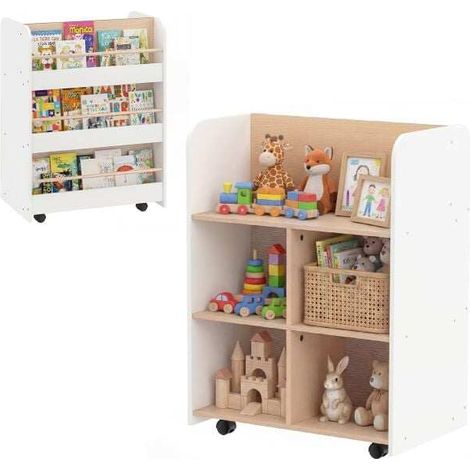 3-Tier Children's Bookshelf with Wheels, Double-Sided Book Display & Storage Cart, White (1/5)