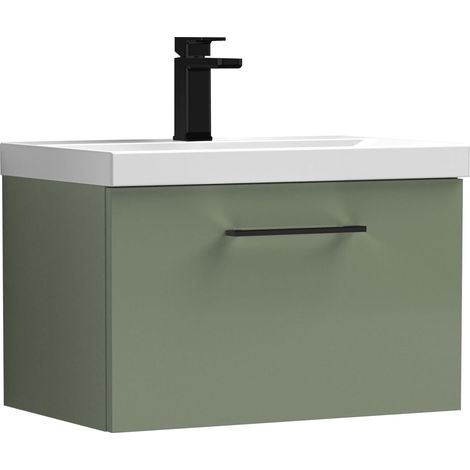 Balterley 600mm Wall Hung Bathroom 1 Drawer Vanity Unit and 1 Tap Hole Ceramic Basin, Satin Green with Black Handle (1/5)