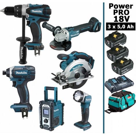 Pack Power PRO Makita 6 outils 18V: Perceuse DDF458 + Visseuse à choc DTD152 + Meuleuse DGA504 + Scie circulaire DSS610 + Radio (1/5)