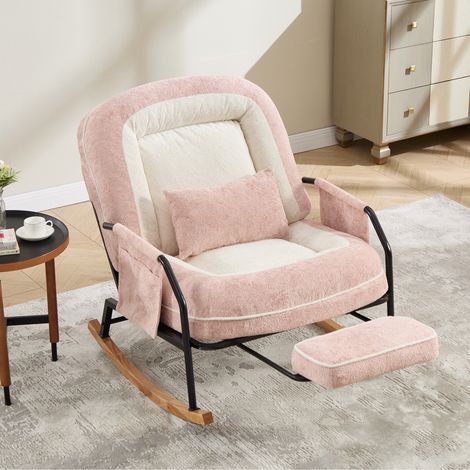 Poltrona a dondolo 80x87x95 cm in tessuto peluche rosa, schienale regolabile - MEUBLIV (1/5)