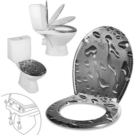 Jiubiaz Asiento WC cierre amortiguado, Duroplast antibacteriano, oval, estampado gotas grises (1/5)