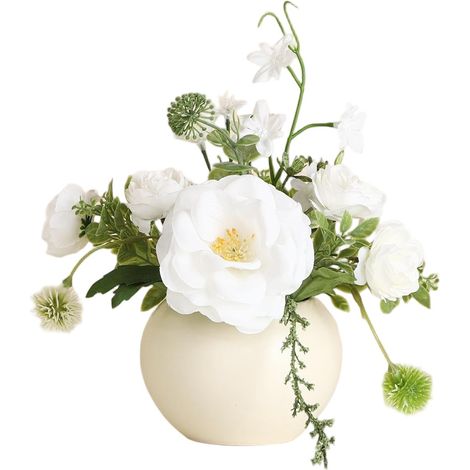 Bouquet de fleurs artificielles, fleurs en plastique longue durée, pot en céramique décoratif + fleur Yutang blanche (1/2)