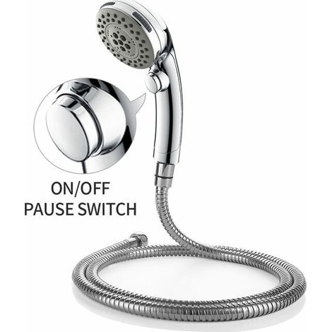 royaluxe - Pommeau de Douche Chromé avec Tuyau de Douche Chromé 1,5m Douchette à Main 5 Jets avec Bouton Stop Flexible de Douche Universel (1/5)