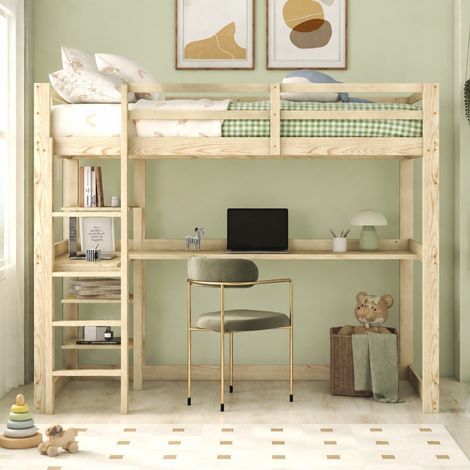 DESMIU Lit mezzanine 2 places avec bureau et 4 étagères, 140 × 200 cm, sans matelas, en pin, naturel (1/5)