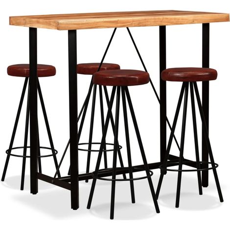 Set da Bar 5 pz in Legno Massello di Acacia e Vera Pelle vidaXL (1/5)