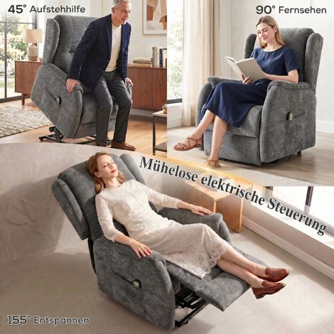 Fauteuil télévision relax avec aide au lever pour personnes âgées, aspect chenille, télécommande et poches latérales, gris anthracite (1/5)
