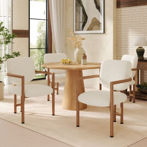 Set of 4 Metal Dining Chairs for Home,Restaurant,Living Room,and Cafe-Boucle Fabric with Natural Wood Color Finish