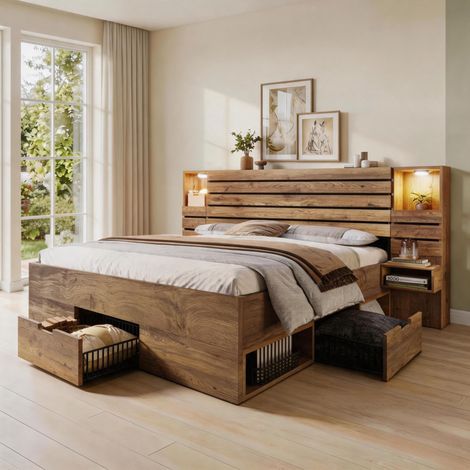 Lit 160x200 cm avec sommier à lattes avec spots LED et port USB Type-C,lit coffre tiroirs,cadre de lit 2 personnes avec rangement,lit double,niche éclairée,tables de chevet suspendues,aspect chêne (1/5)